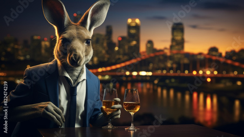 Visualize a sophisticated kangaroo in a tailored pinstripe suit, accessorized with a