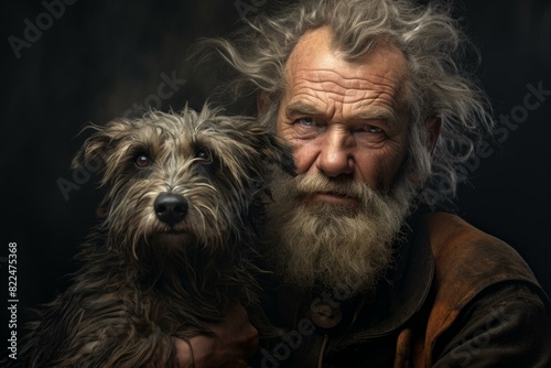 Portrait of a senior man with a deep gaze holding his affectionate scruffy dog