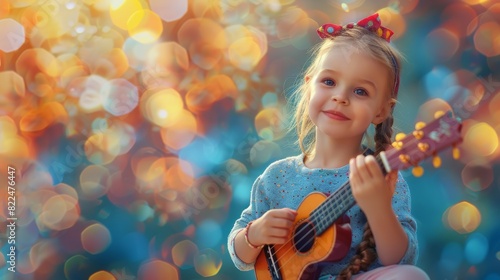 A pretty girl playing with a toy guitar and strumming along to the music against a vibrant background