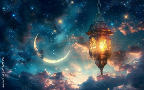 A glowing lantern hangs amidst a crescent moon and stars in a mystical sky.