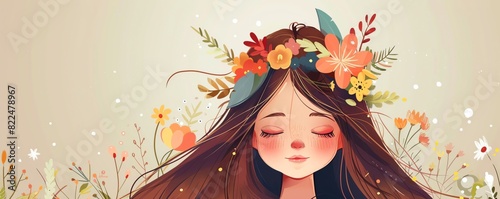A beautiful girl with long brown hair and a wreath of flowers on her head