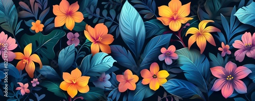 Vibrant tropical flowers and leaves in a seamless pattern. Perfect for summer and beach themed designs.