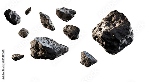 Swarm of meteorite and asteroids flying on transparent png background cutout.