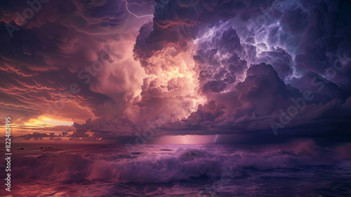 A stormy sky with a purple and orange sunset in the background