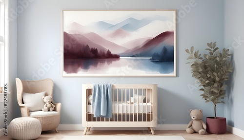 Trendy minimalist poster in white and pastel baby crib nursery