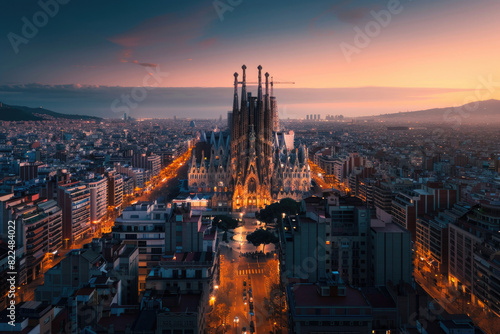 The Sagrada Familia illuminated against a twilight sky with intricate details and bustling Barcelona
