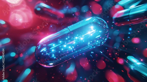 Smart digital pill or capsule on glowing blue and red background. Future Healthcare, Pharmaceutical and scientific medical technology concept.