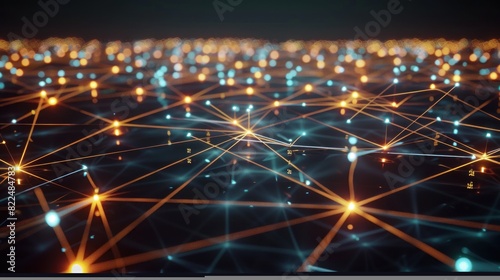 A network of glowing nodes connected by beams of light, each node labeled with a different market sector,