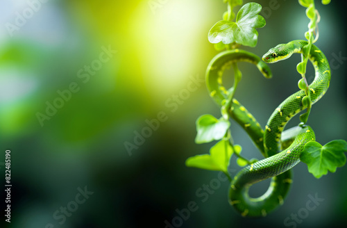 Green snakes forms a perfect heart shape, captured against a leafy green background. Concept World Snake Day