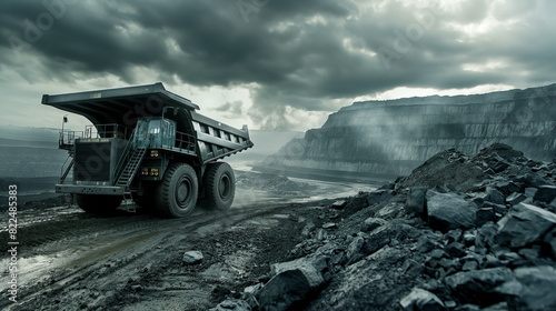 Large dump truck driving along dusty dirt road in mining area, open pit coal mining, panorama pit coal mining