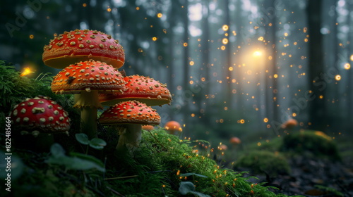 Magic mushrooms fly agaric in the forest, a fabulous thicket of the forest. Glowing mushrooms fantasy moss