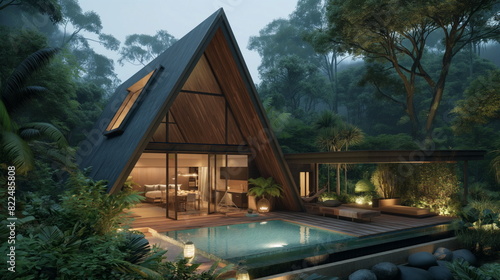Minimalistic A frame cabin home, contemporary luxurious home, with a small pool, Bali style green lush forest