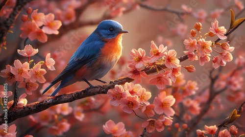  A charming bluebird perched on a branch of a blossoming apple tree, its cheerful song filling the crisp spring air.