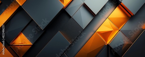 Create a 3D rendering of a geometric, abstract background. The colors should be black, grey, and orange. The overall aesthetic should be modern and minimalist.