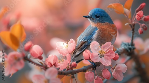  A charming bluebird perched on a branch of a blossoming apple tree, its cheerful song filling the crisp spring air.