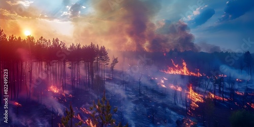 Devastating forest fire ravages pine tree acres in dry season. Concept Wildfires, Environmental Destruction, Pine Tree Forest, Climate Crisis, Natural Disasters
