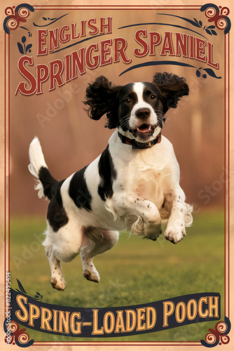 An English Springer Spaniel in mid-leap, captured against a blurred natural background. Top text "English Springer Spaniel", bottom text "Spring-Loaded Pooch" in a vintage poster style.
