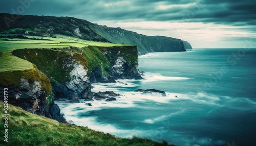 A serene coastal scene with cliffs and waves crashing, framed by a lush green hillside in the background.