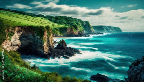 A serene coastal scene with cliffs and waves crashing, framed by a lush green hillside in the background.