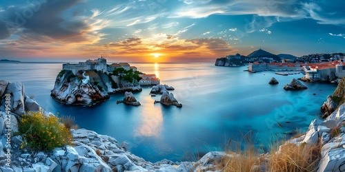 Scenic Sunset Overlooking Dubrovnik Old Town on the Adriatic Coast. Concept Travel Photography, Sunset Views, Dubrovnik Old Town, Adriatic Coast, Scenic Landscapes