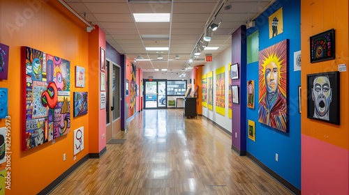A colorful and organized art gallery with various student artworks displayed on the walls. 8k, realistic, full ultra HD, high resolution and cinematic photography