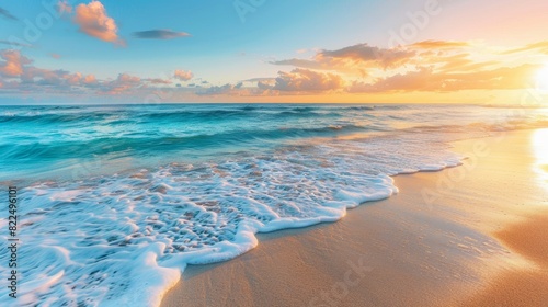 Serene beach at sunset with soft waves gently lapping the shore, golden sands stretching into the distance, and a colorful sky transitioning from warm hues to deep blues
