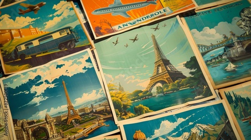 Vintage travel posters for a globetrotter's living room. --ar 16:9 Job ID: 84320485-44dd-4e4b-acf2-f846c611cd69