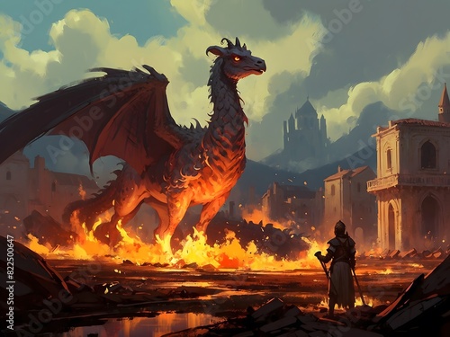 un viajero observando una ciudad medieval que está siendo destruida por un dragón. AI