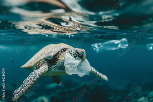 World ocean water pollution, turtle eat plastic bag, environmental problems