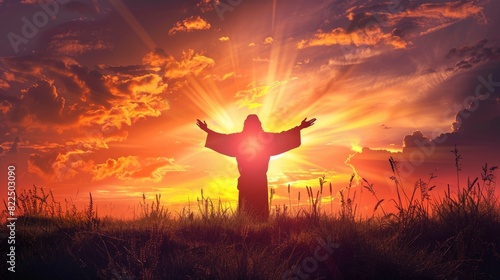Silhouette of Jesus with arms raised up towards the sky in sign of redemption and spirituality