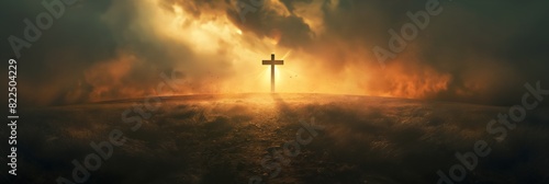 A cross stands centered against a dramatic, fiery sky suggestive of an apocalypse or revelation