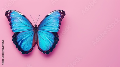  A blue butterfly atop a pink surface, wings spread wide, head turned as if gazing directly ahead