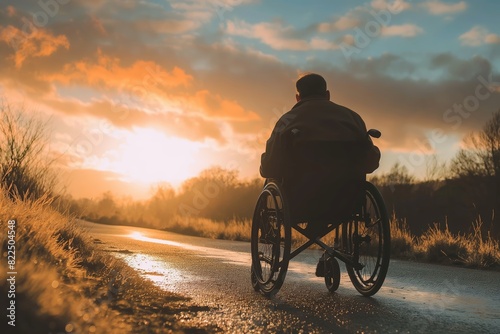 A back view of a person in a wheelchair contemplating a stunning sunset on an open road, symbolizing hope and journey