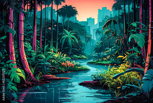 A neon-lit jungle river winding through the dense foliage, with exotic animals peeking out from the undergrowth vector art illustration generative AI image. 