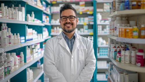 a man in a white pharmacist coat standing in a pharmacy with shelves stocked with various pharmaceutical products behind