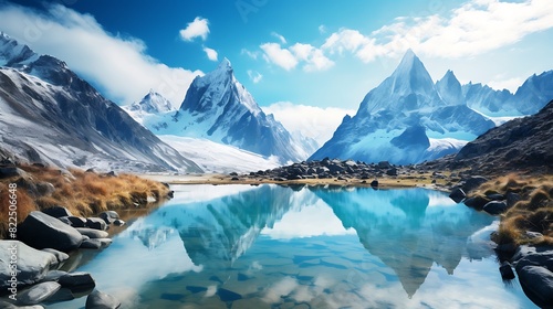 Mountain landscape with a crystal-clear lake reflecting snowy peaks under a blue sky