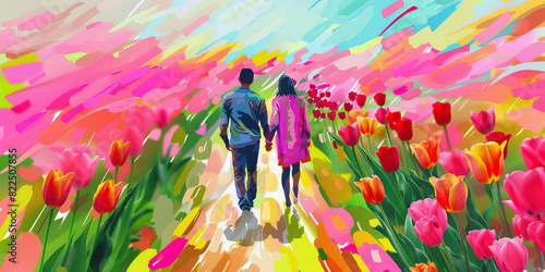 Pink: Two lovers stroll hand in hand through a tulip field, the vivid colors surrounding them in a whirlwind of love and happiness