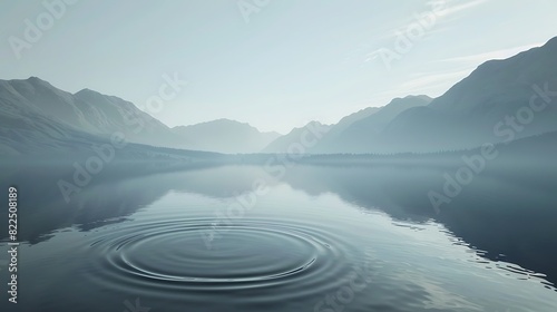 A calm lake with ripples from a skipping stone, surrounded by mountains
