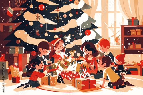Children Eagerly Unwrapping Presents Under The Christmas Tree