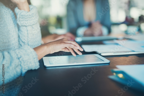 Business, woman and hand with tablet in meeting for creative research, communication and online notes. Professional, employee and closeup of tech app for planning, strategy or market review in office