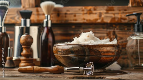 Old-style men's shaving accessories: safety and straight razors, brush, and shaving soap for home use.