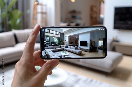 A person takes a photo of a stylish modern living room using a smartphone, showcasing interior design and technology.