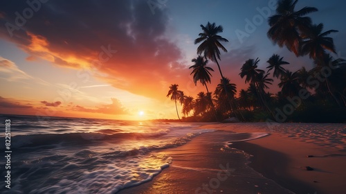 Relaxing scene of a tropical beach with white sand, palm trees, and a spectacular sunset