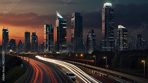 The light flow of traffic on an evening highway in a city with modern high buildings Background wallpaper.-generative AI