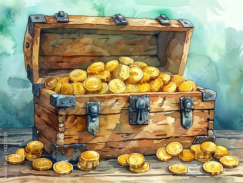 An open wooden treasure chest overflowing with gold coins.