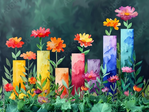 Colorful flowers blooming in a rainbow of abstract vases, creating a vibrant and whimsical scene.