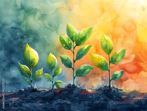 Five green seedlings grow in rich soil against a vibrant watercolor background.
