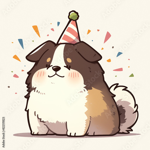 kawaii illustration of a dog with a party hat, illustration of a dog in a party, dog blushing