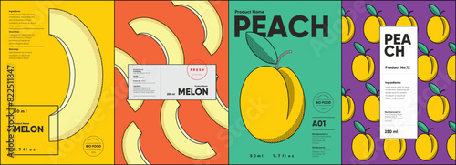 Set of labels, posters, and price tags features line art designs of fruits, specifically melons and peaches, in a vibrant, minimalistic style.