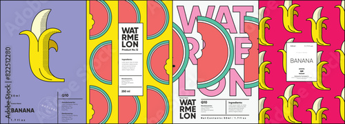 Set of labels, posters, and price tags features line art designs of fruits, specifically bananas and watermelons, in a vibrant, minimalistic style.